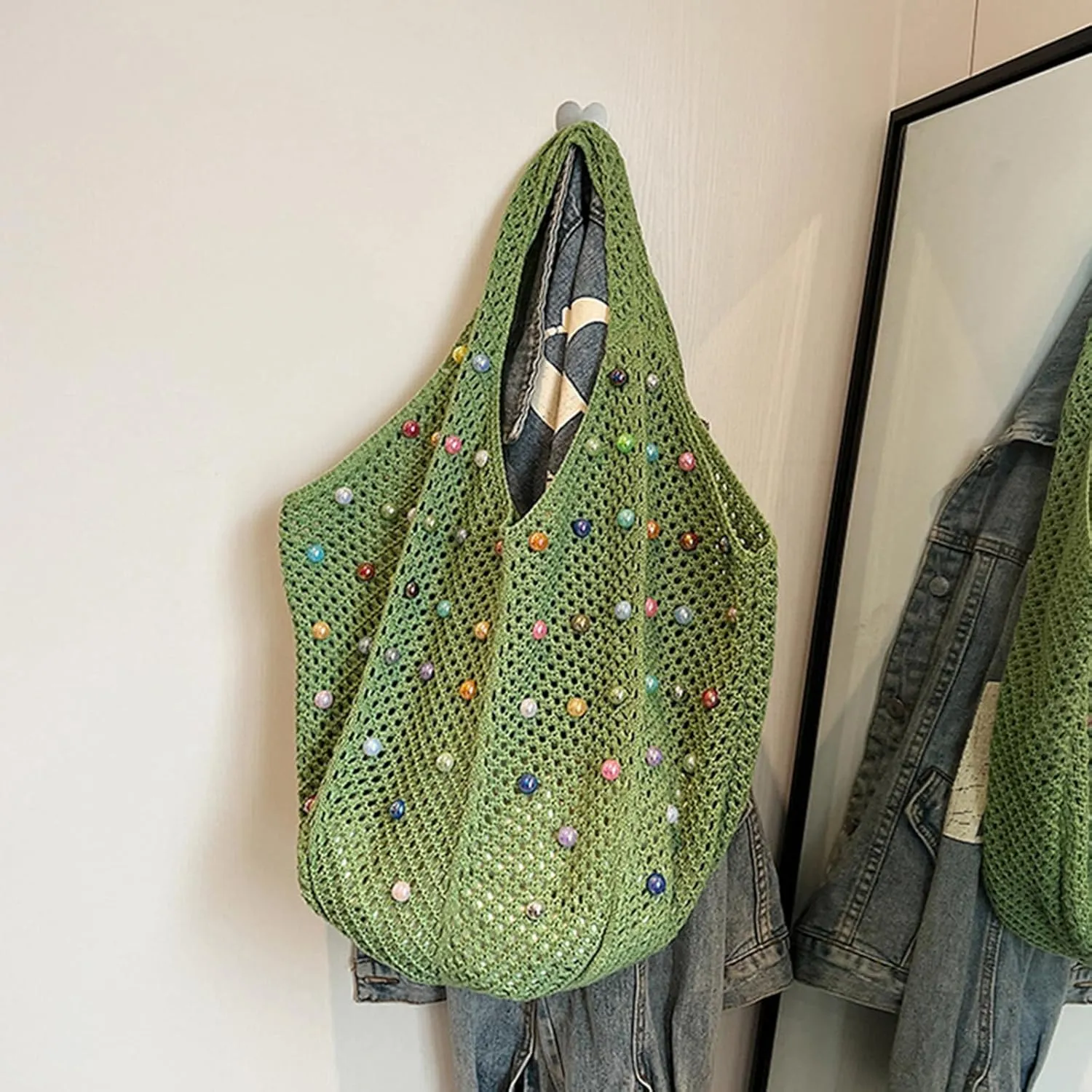 Mtsebmves Women Beach Boho Tote Trendy Cute Large Capacity Colored Beads Crochet Shoulder Bag Handbag
