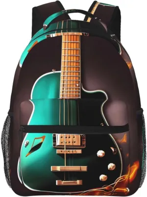 Music Green Guitar Print Laptop Backpack Stylish Bookbag College Daypack Travel Business Work Bag For Men Women