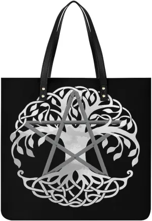 Pentacle Witch Modern Pagan Wicca Witchcraft Women Tote Bags Top Handle Satchel Handbags PU Faux Leather Tassel Shoulder Purse
