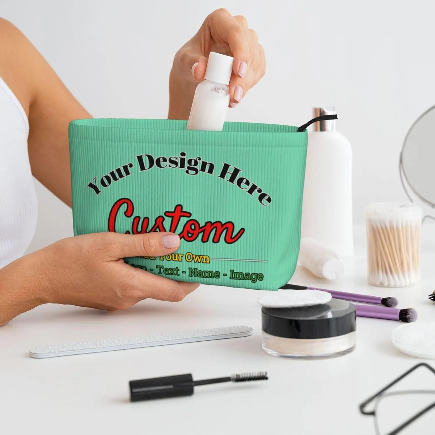 Personalized Custom Makeup Bag Add Your Own Photo Text Name Logo Image Cosmetic Bags Light Green Customized Gift Women