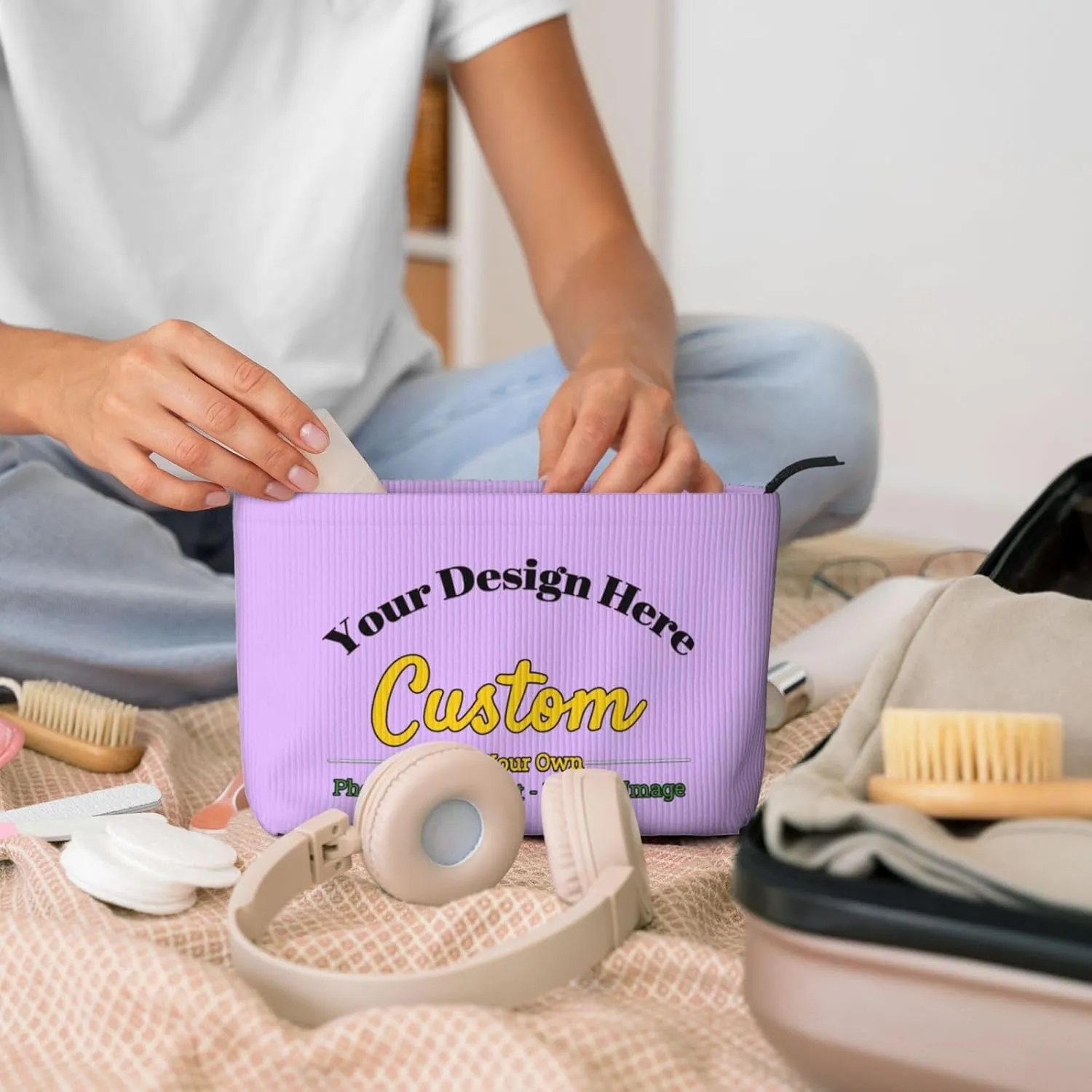 Personalized Custom Makeup Bag Add Your Own Photo Text Name Logo Image Cosmetic Bags Light Purple Customized Gift Women