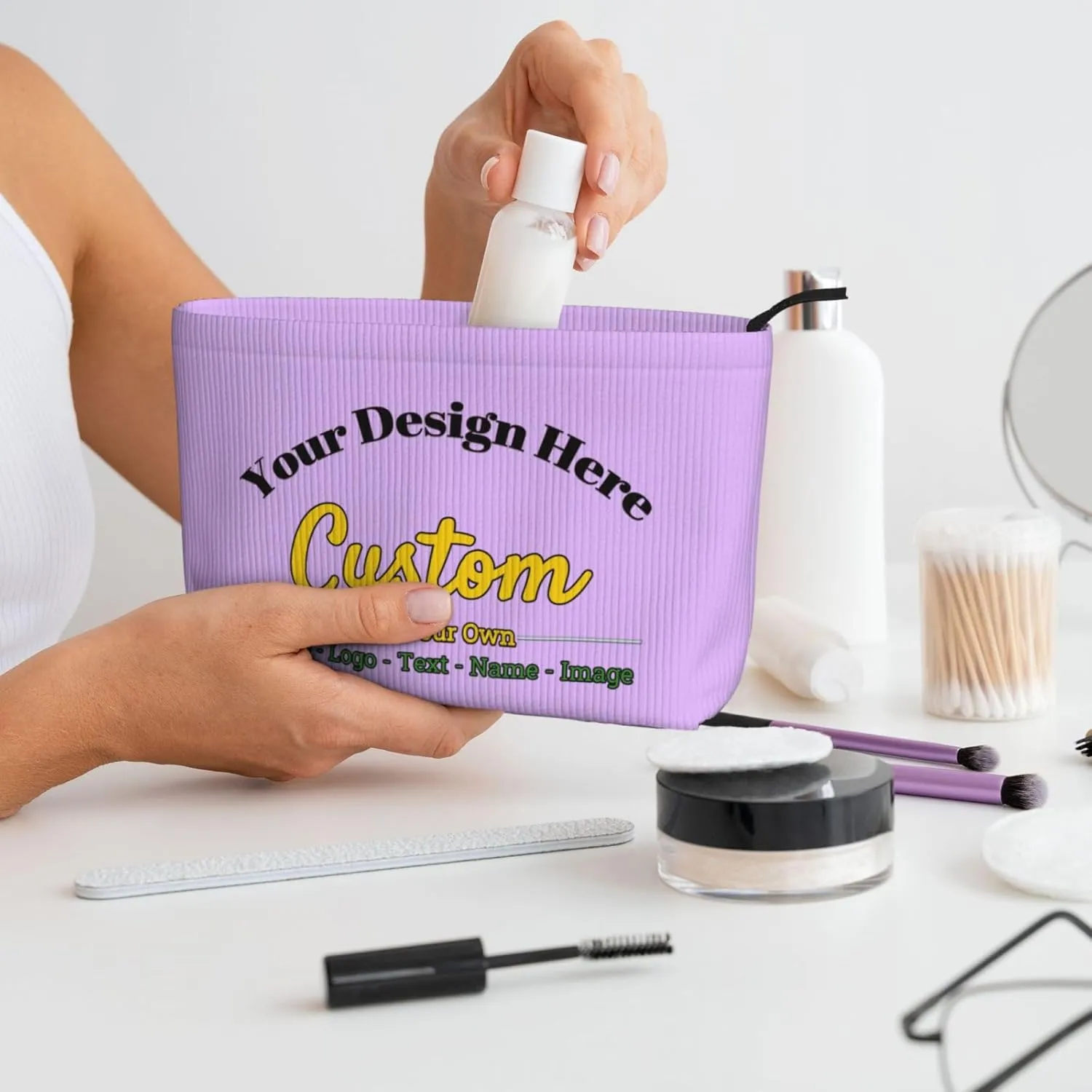 Personalized Custom Makeup Bag Add Your Own Photo Text Name Logo Image Cosmetic Bags Light Purple Customized Gift Women