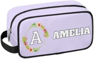 Personalized Floral Monogrammed Toiletry Bags for Women Custom Initial Letter Waterproof Cosmetic Makeup Bags Storage Bags with Handle for Bathroom Travel Work, Light Purple