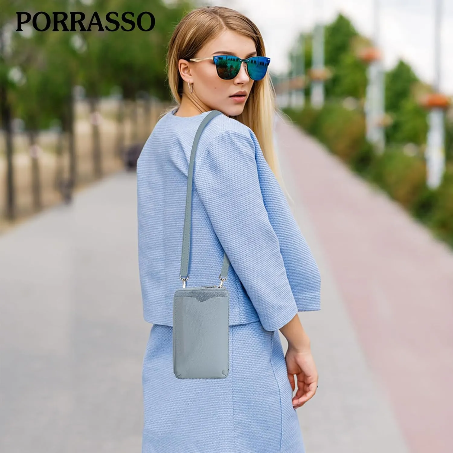 PORRASSO Genuine Leather Phone Bag Crossbody Wallet Women Purse Shoulder Bag with 8 Card Slots Satchel Light Blue