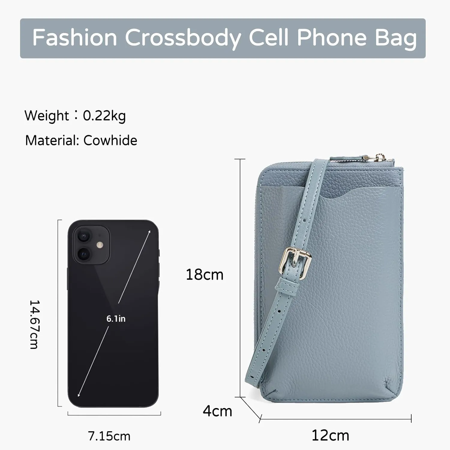 PORRASSO Genuine Leather Phone Bag Crossbody Wallet Women Purse Shoulder Bag with 8 Card Slots Satchel Light Blue