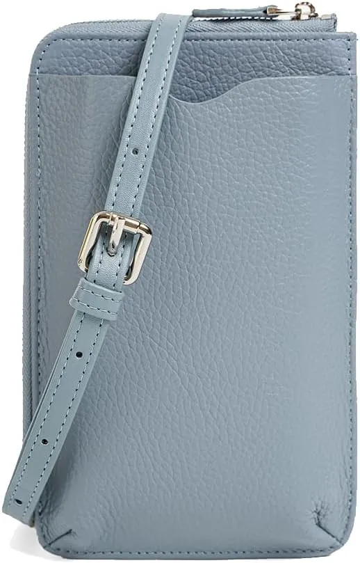 PORRASSO Genuine Leather Phone Bag Crossbody Wallet Women Purse Shoulder Bag with 8 Card Slots Satchel Light Blue