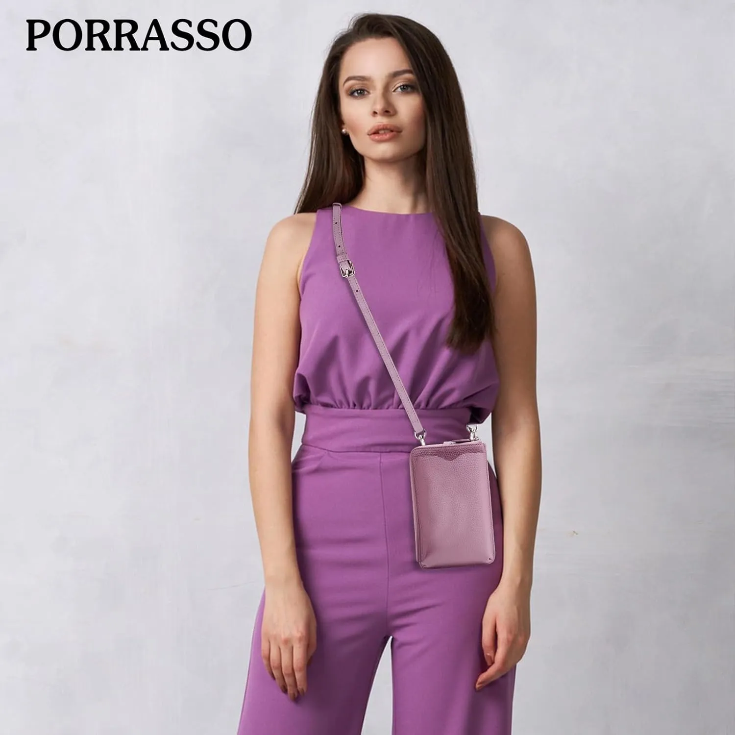 PORRASSO Genuine Leather Phone Bag Crossbody Wallet Women Purse Shoulder Bag with 8 Card Slots Satchel Light Purple