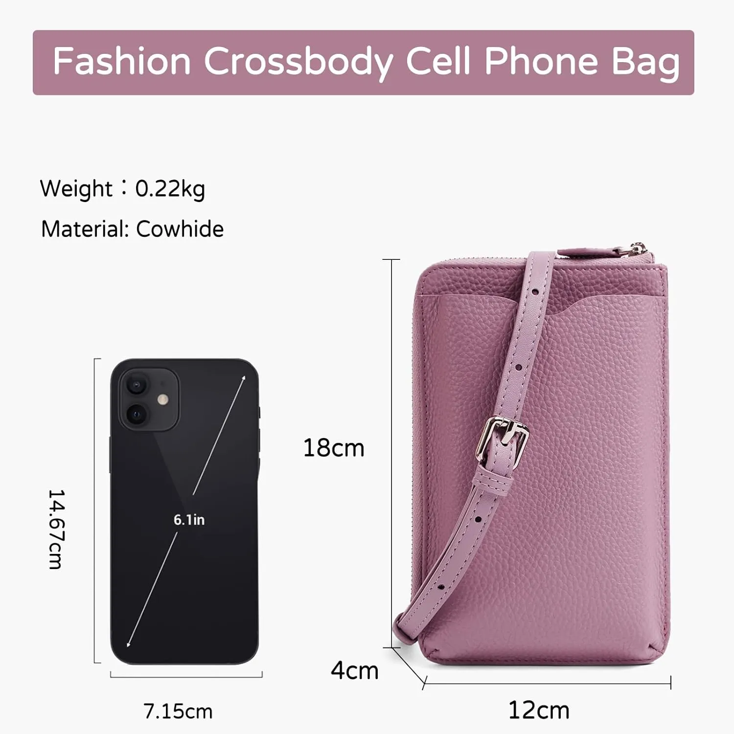 PORRASSO Genuine Leather Phone Bag Crossbody Wallet Women Purse Shoulder Bag with 8 Card Slots Satchel Light Purple