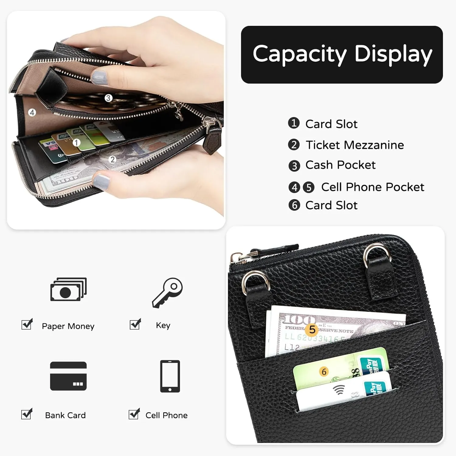 PORRASSO Genuine Leather Phone Bag Crossbody Wallet Women Purse Shoulder Bag with 8 Card Slots Satchel Light Purple