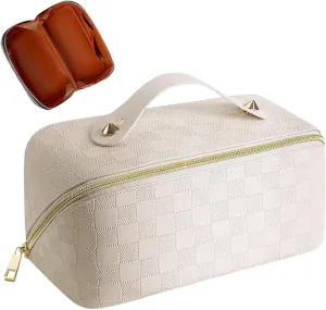 PU Leather Travel Makeup Bag for Women | Large Capacity Multi Functional Toiletry Case | Portable Cosmetic Bag with Zipper, Divider & Handle | Makeup Organizer Opens Flat with Checkered Design (White)