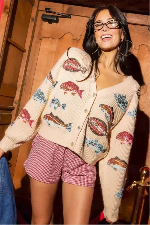 Queen of Sparkles Beige Fish Cardigan
