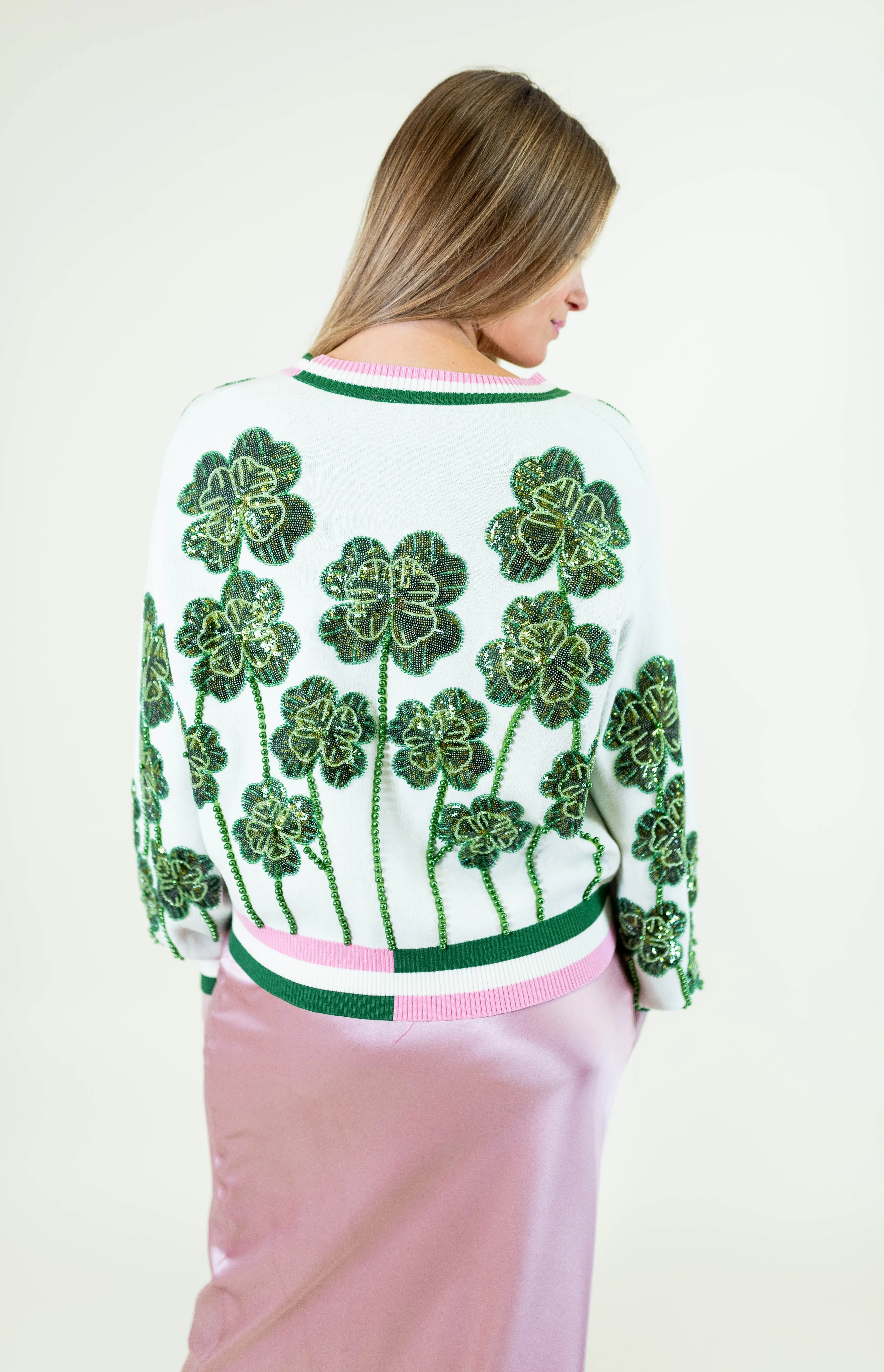 Queen Of Sparkles: Stripe Beaded Shamrock Cardigan