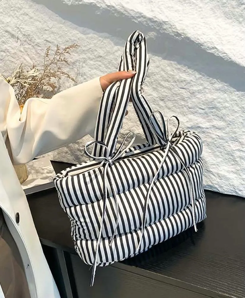 Quilted Bow-Tie Tote Bags for Women Cute Stripe Puffer Hobo Bags for Women Bowknot Shoulder Bag Purses Clutch Office Tote