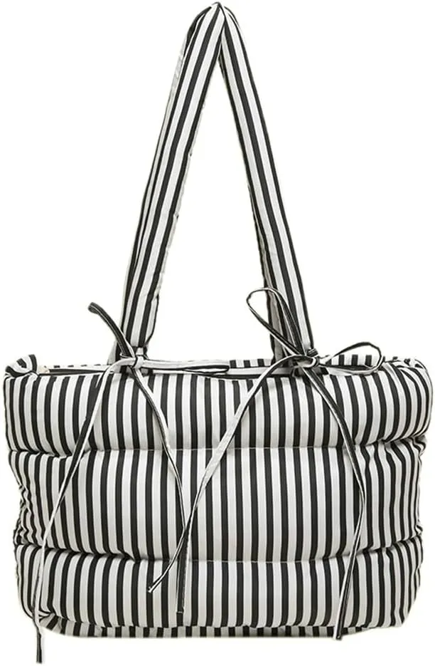 Quilted Bow-Tie Tote Bags for Women Cute Stripe Puffer Hobo Bags for Women Bowknot Shoulder Bag Purses Clutch Office Tote
