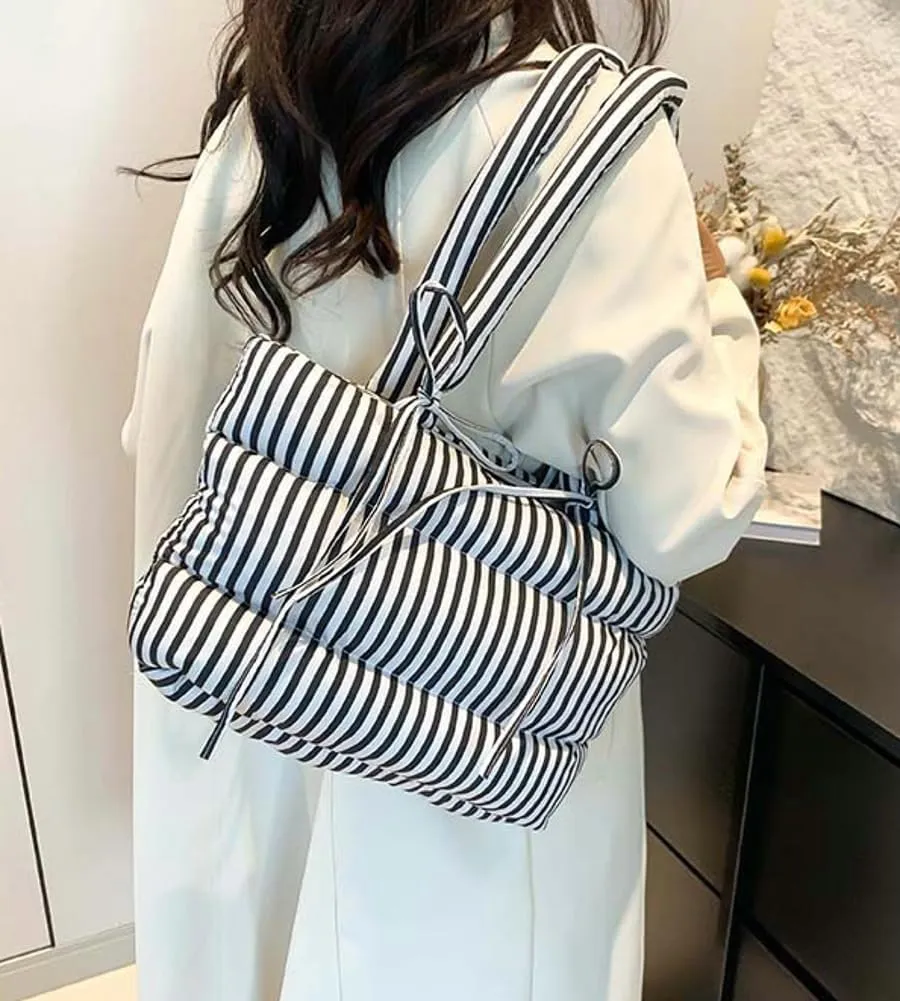 Quilted Bow-Tie Tote Bags for Women Cute Stripe Puffer Hobo Bags for Women Bowknot Shoulder Bag Purses Clutch Office Tote
