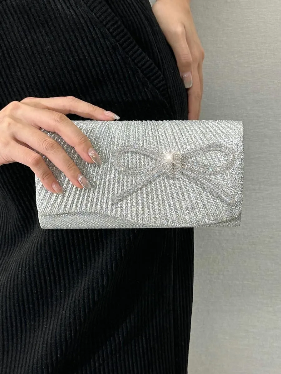 Rhinestone Bow Clutch Purses Women Chic Shiny Evening Handbag Evening Clutch Bag with Chain for Party Prom Wedding