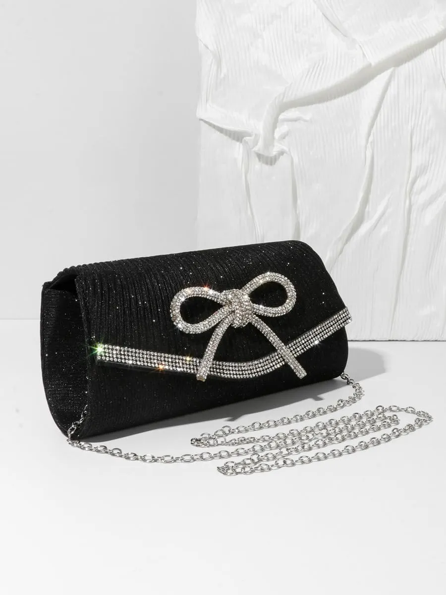 Rhinestone Bow Clutch Purses Women Shiny Evening Handbag Chic Evening Clutch Bag with Chain for Party Prom Wedding