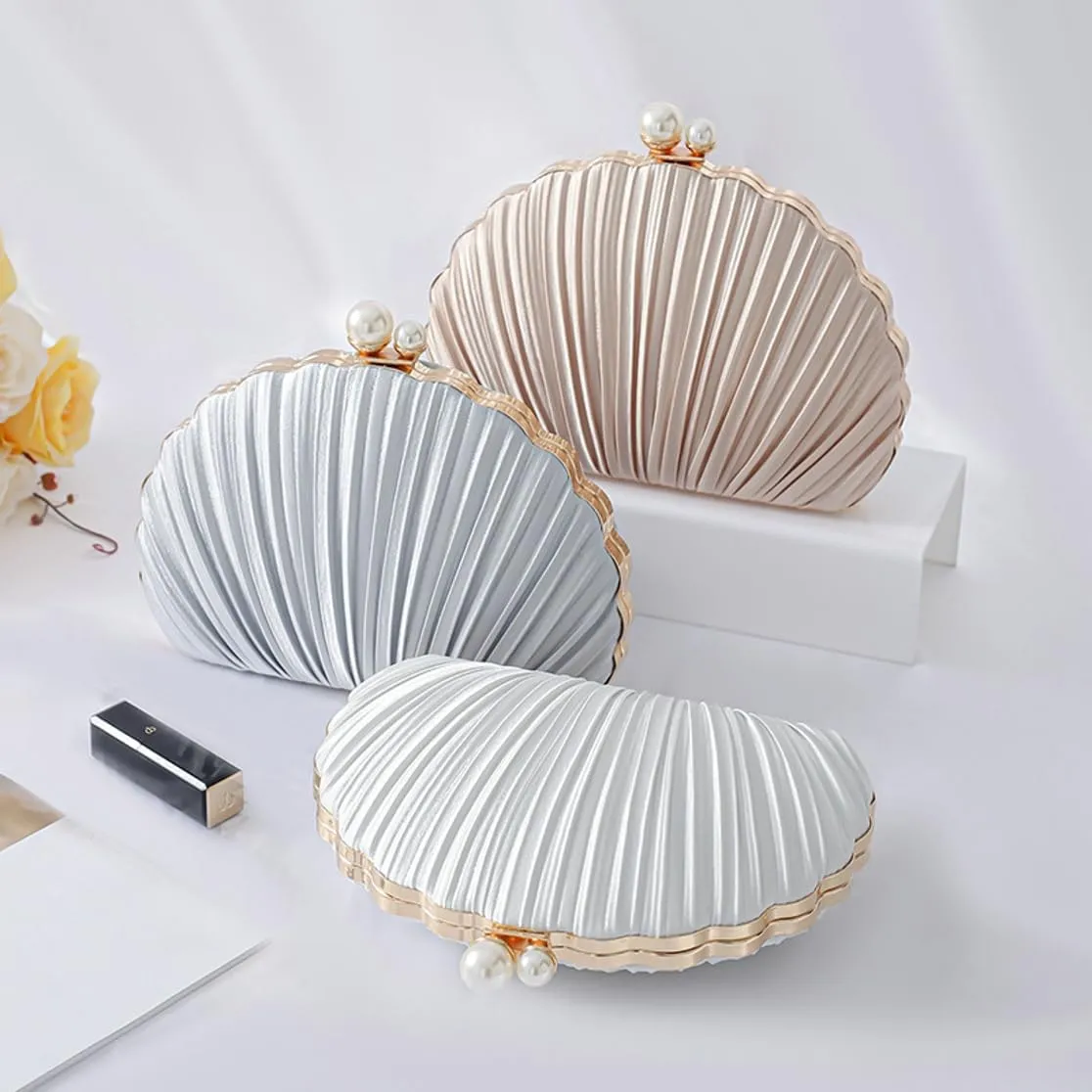 Silk Evening Clutch Purses Women Chic Shell-shaped Evening Handbag Evening Clutch Bag with Chain for Prom Wedding 2025