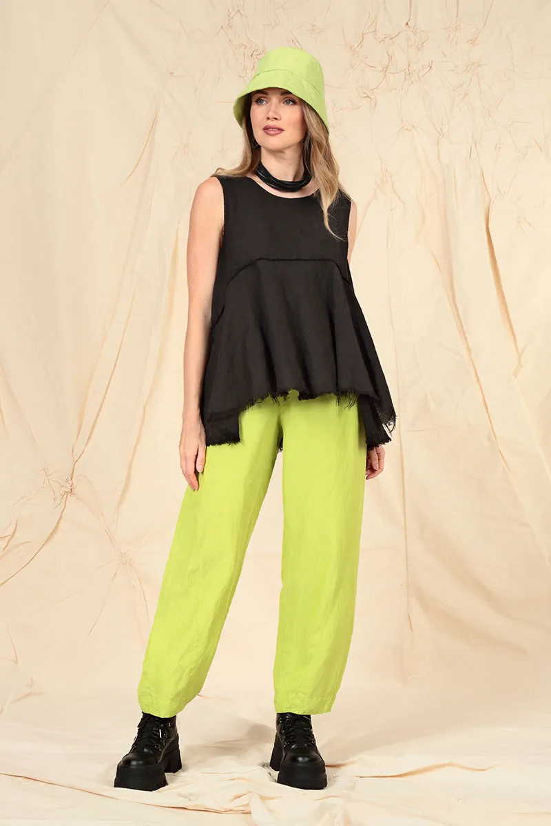 Sleeveless Flared Raw Edge Black Linen Blouse