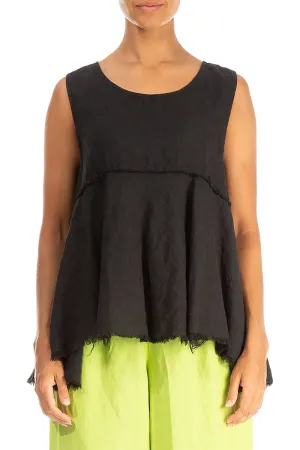 Sleeveless Flared Raw Edge Black Linen Blouse