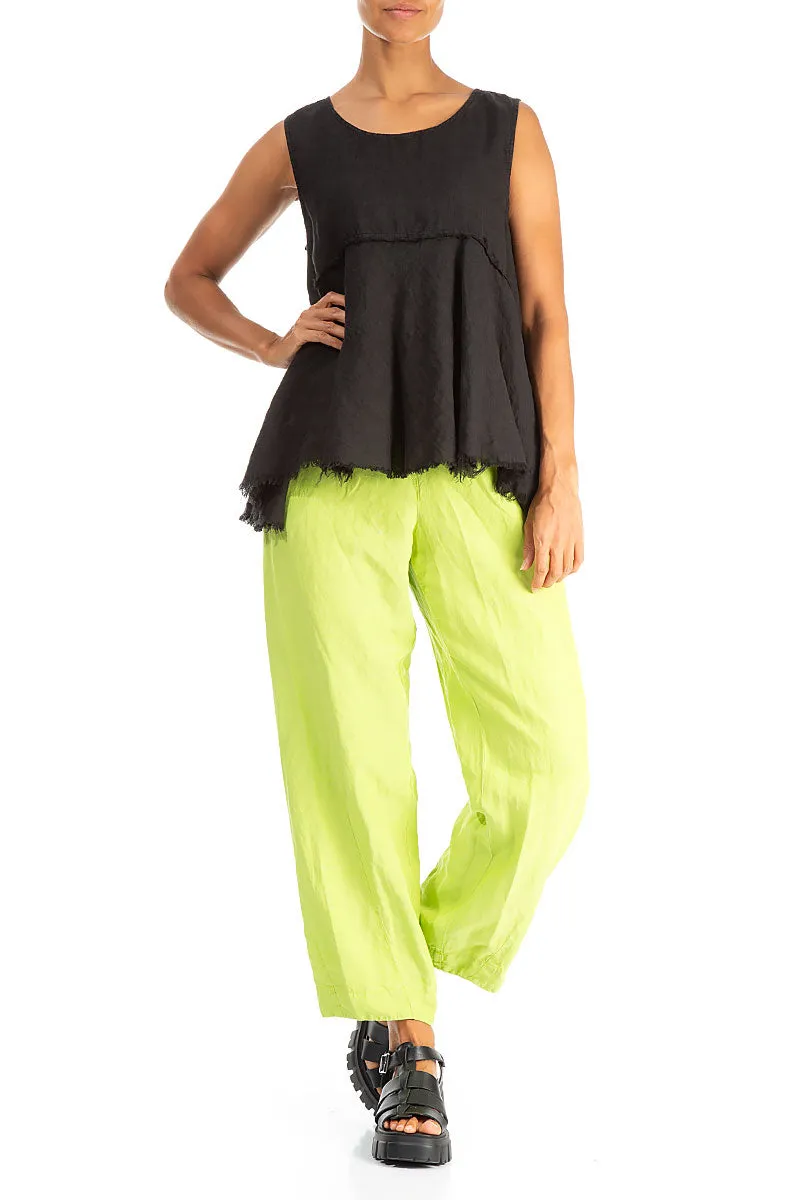 Sleeveless Flared Raw Edge Black Linen Blouse