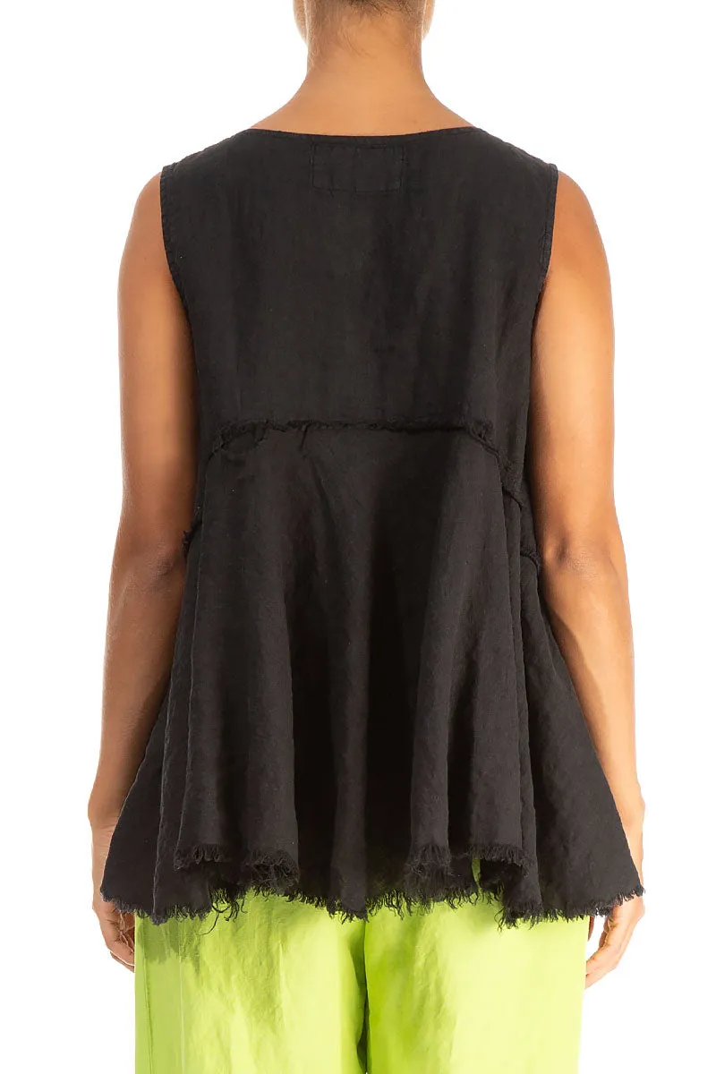 Sleeveless Flared Raw Edge Black Linen Blouse