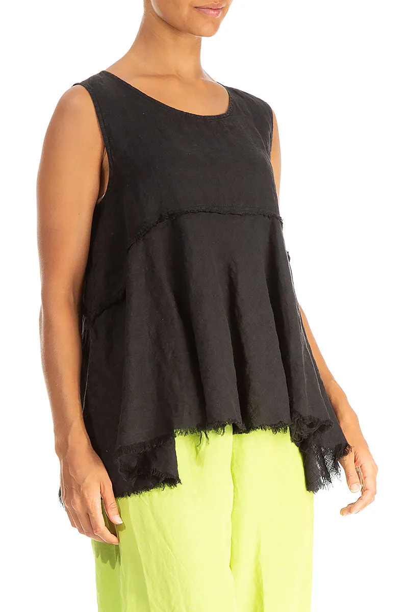 Sleeveless Flared Raw Edge Black Linen Blouse