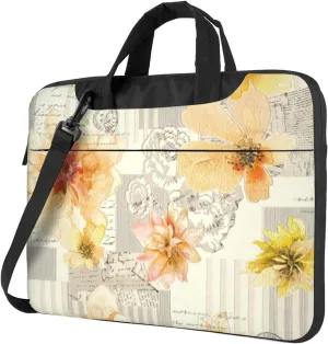 Slim Laptop Shoulder Bag Briefcase Notebook Handbag Computer Carrying Case Light Yellow Flower Print 15.6in