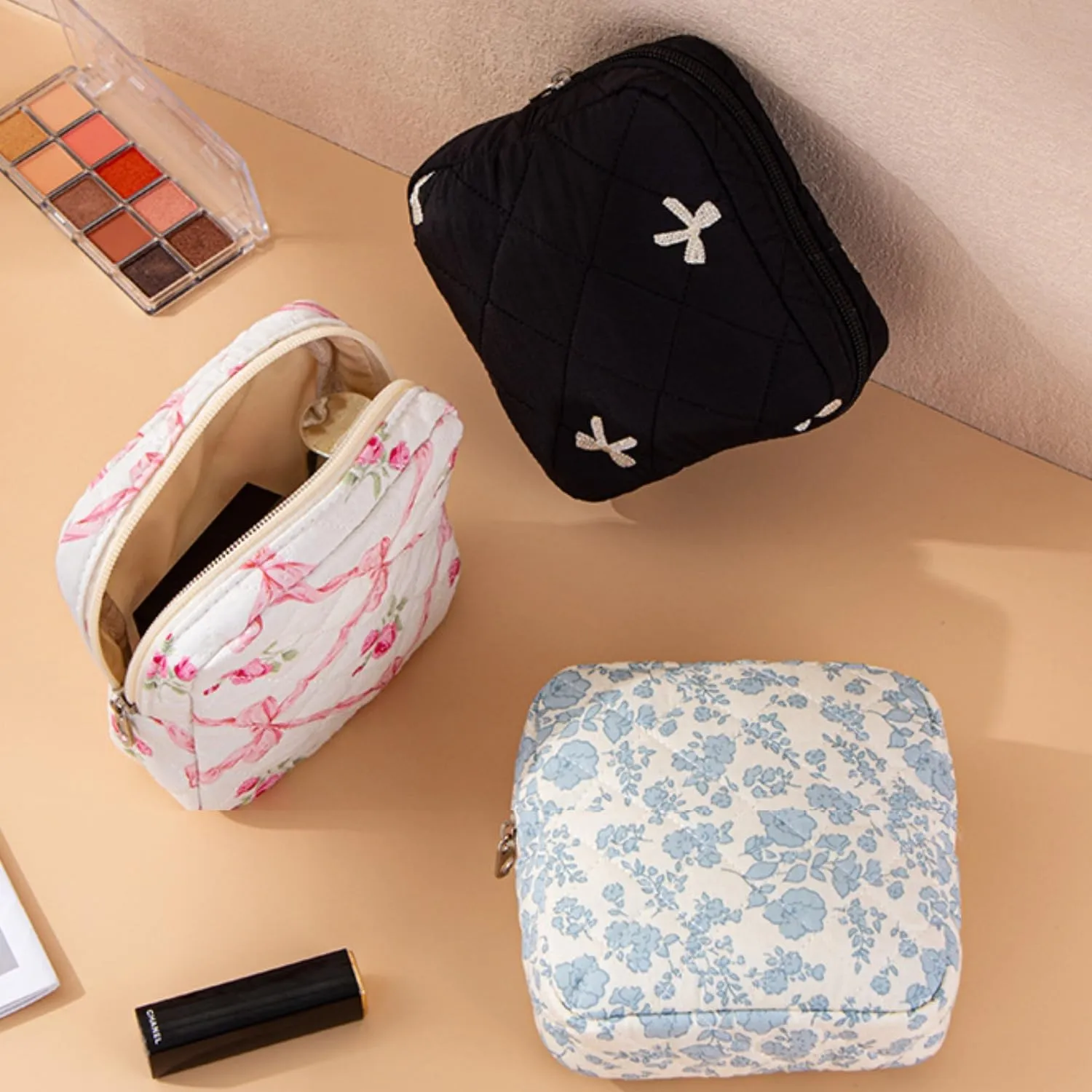 Small Quilted Makeup Bag for Purse, Mini Coquette Aesthetic Travel Bag Cute Cosmetic Pouch with Inner Pockets Bowknot Toiletry Organizer Storage Case (Y#Light Blue)