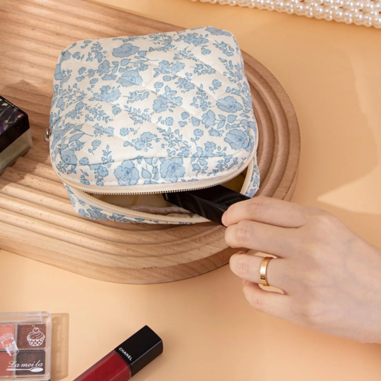 Small Quilted Makeup Bag for Purse, Mini Coquette Aesthetic Travel Bag Cute Cosmetic Pouch with Inner Pockets Bowknot Toiletry Organizer Storage Case (Y#Light Blue)