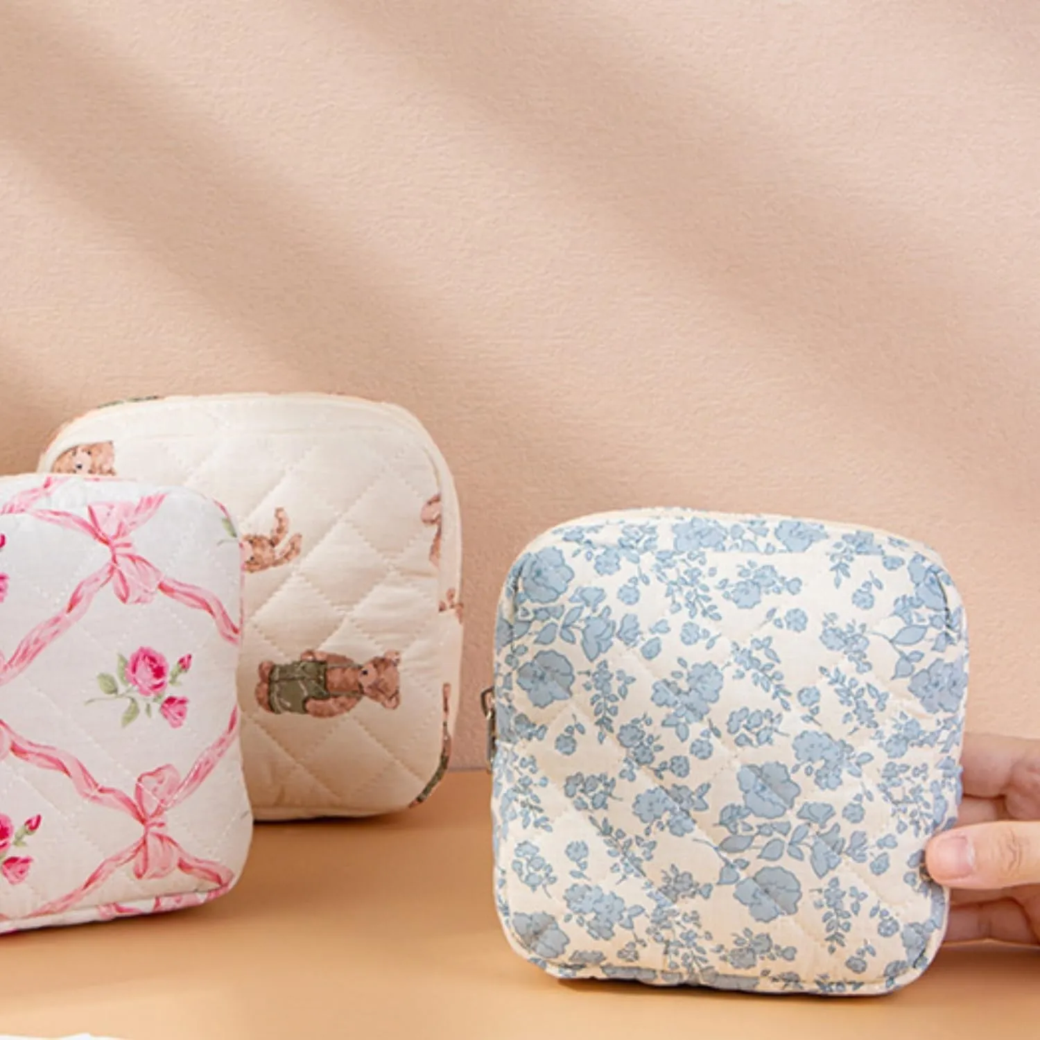 Small Quilted Makeup Bag for Purse, Mini Coquette Aesthetic Travel Bag Cute Cosmetic Pouch with Inner Pockets Bowknot Toiletry Organizer Storage Case (Y#Light Blue)