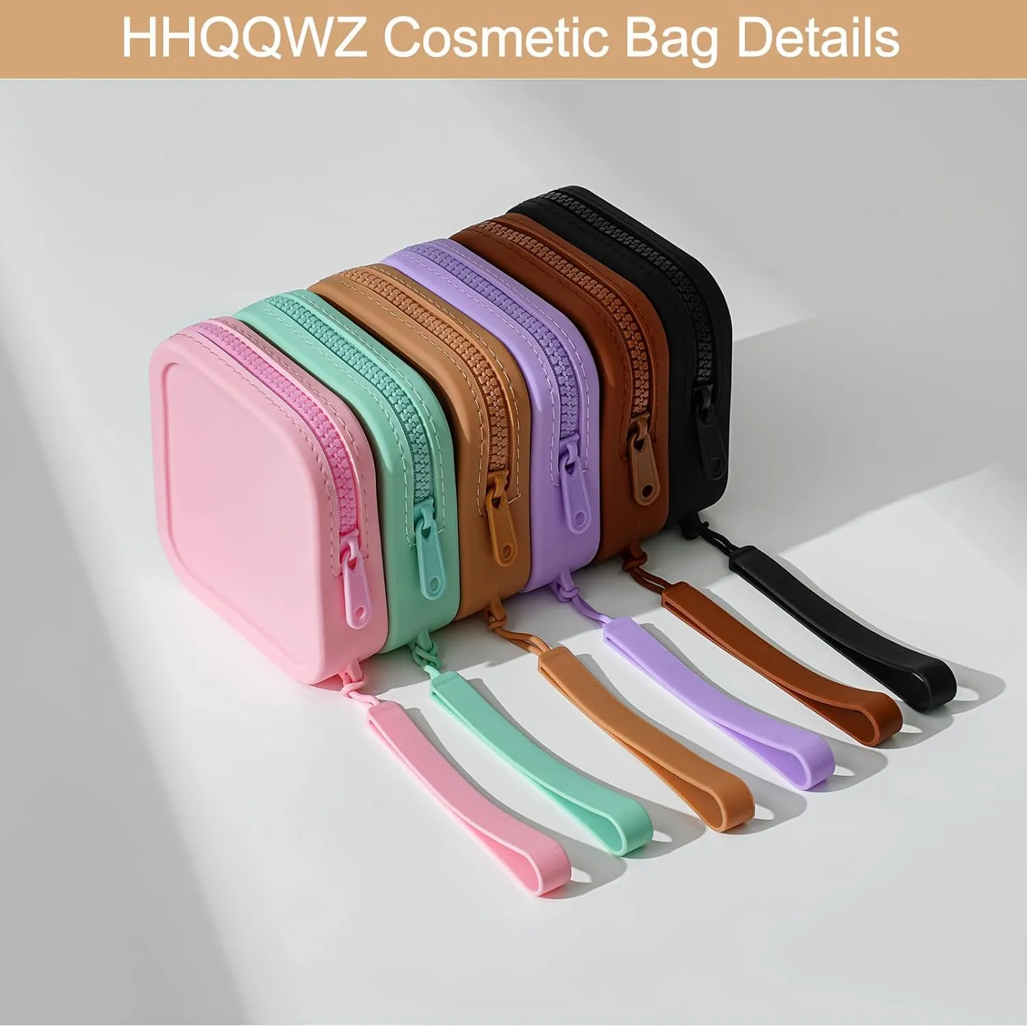 Small Square Portable Silicone Makeup Bag for Women Girls, Small Travel Lovely Waterproof Toiletry Cosmetic Bag, Zipper Closure Organizer Makeup Case with Handle (Light Brown)