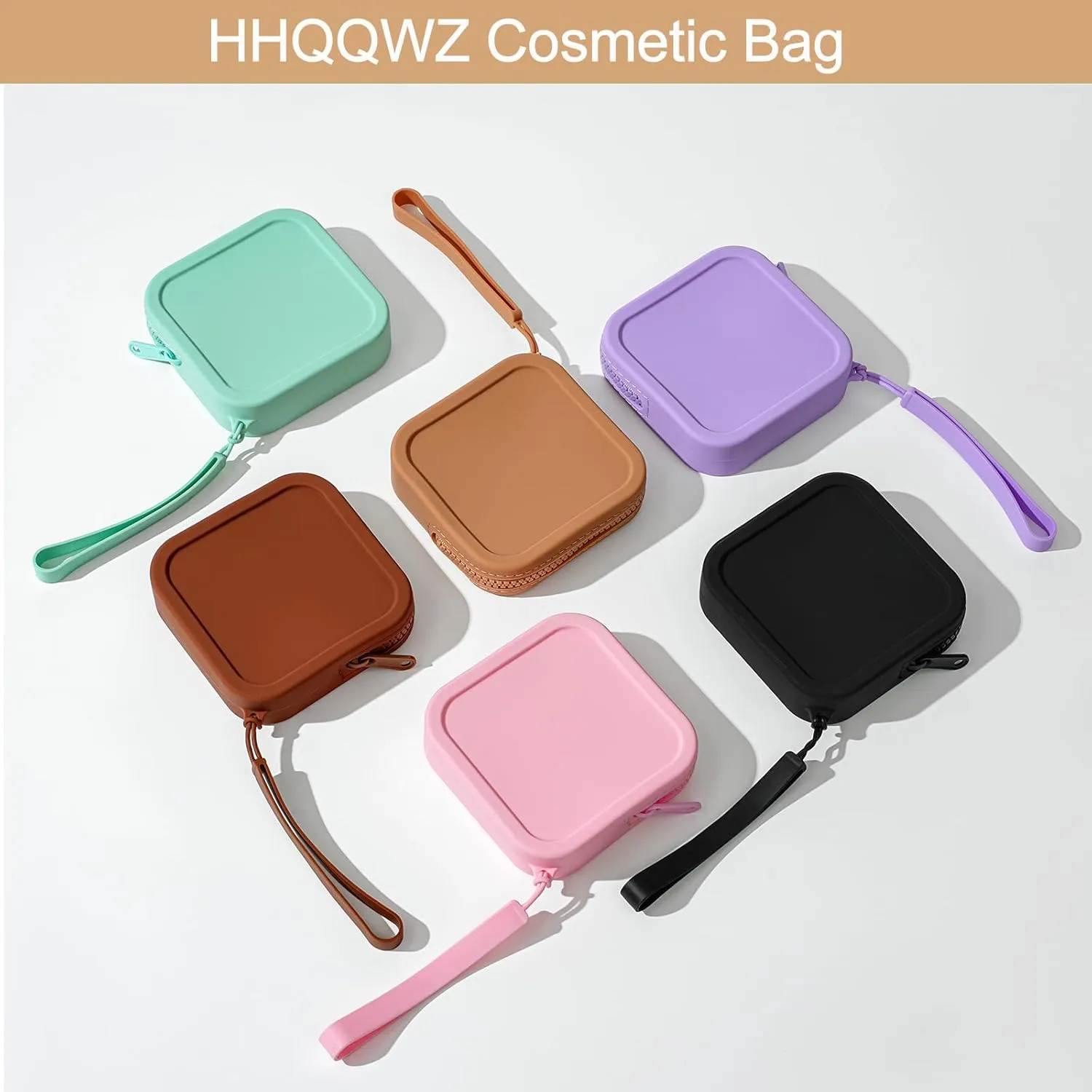 Small Square Portable Silicone Makeup Bag for Women Girls, Small Travel Lovely Waterproof Toiletry Cosmetic Bag, Zipper Closure Organizer Makeup Case with Handle (Light Brown)