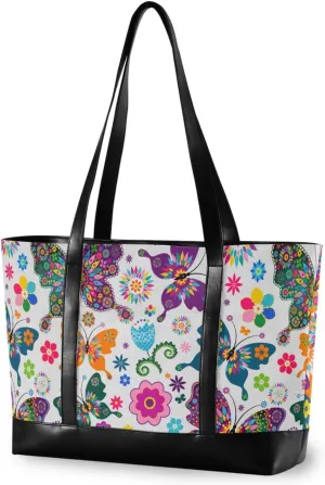 Spring Floral Butterfly Colorful modern diaper bag tote with zipper for college with tablet bolsos para mujeres