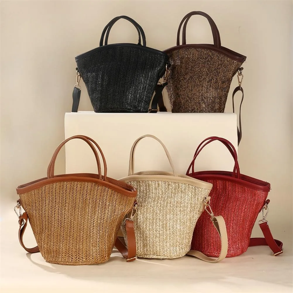 Straw Beach Bags for Women Woven Crossbody Handmade Tote Bags Raffia Straw Purse Sling Bag Handbag Vacation