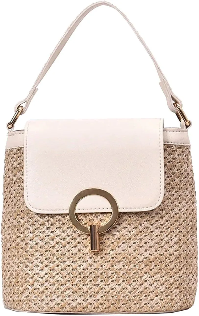 Straw Weave Women Ladies Bucket Handbags Summer Beach Shoulder Bags Mini Messenger Bag (B, One Size)