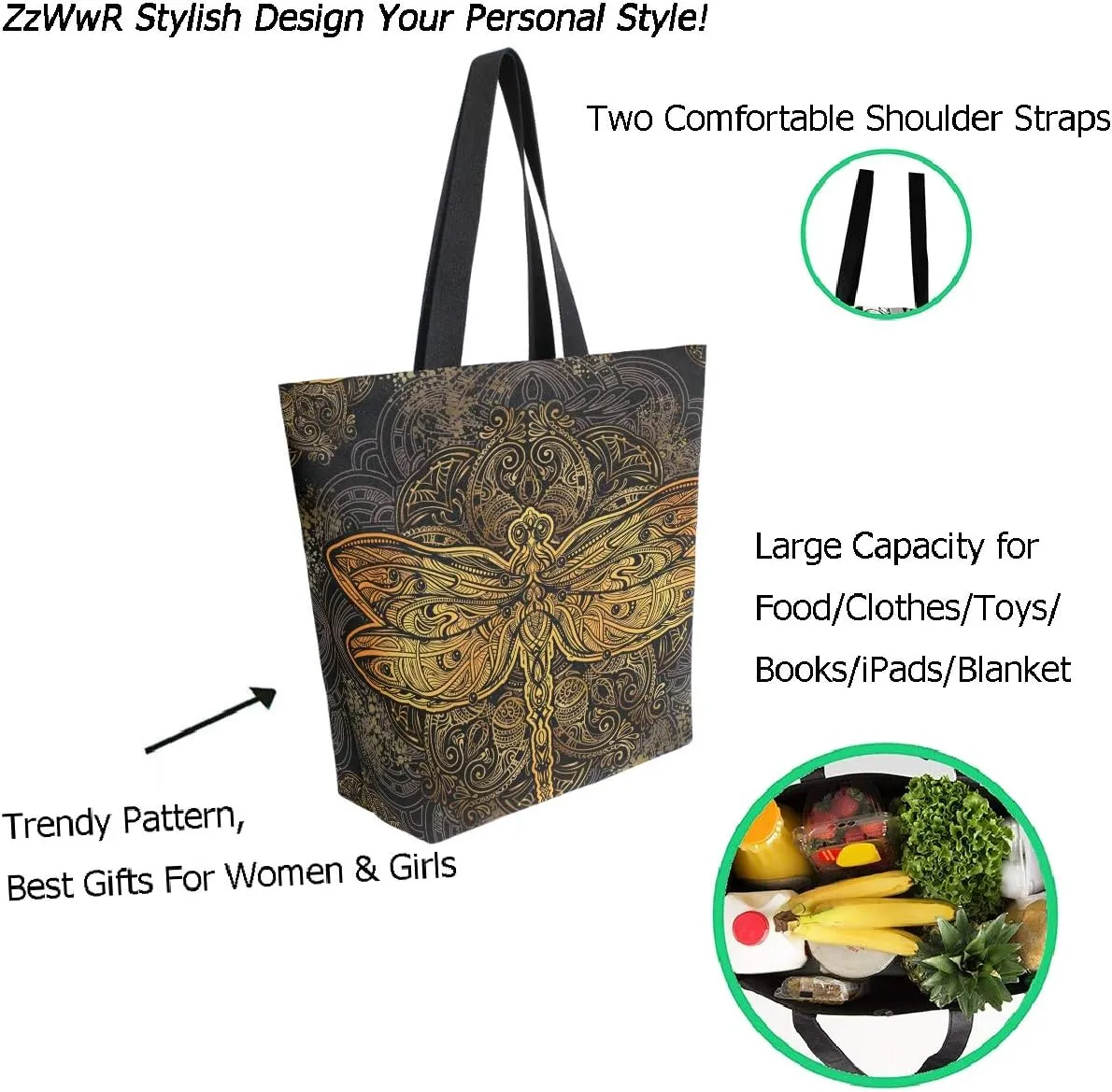 Stylish Print Extra Large Shoulder Tote Bag for Beach Travel Weekender Gym Grocery Shopping