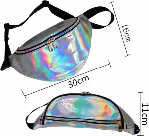 Stylish Women Iridescent Hologram Fanny Pack Shiny Metallic Waist Bag Punk Girl For Festival Rave Hiking Running Cycling (Blue)
