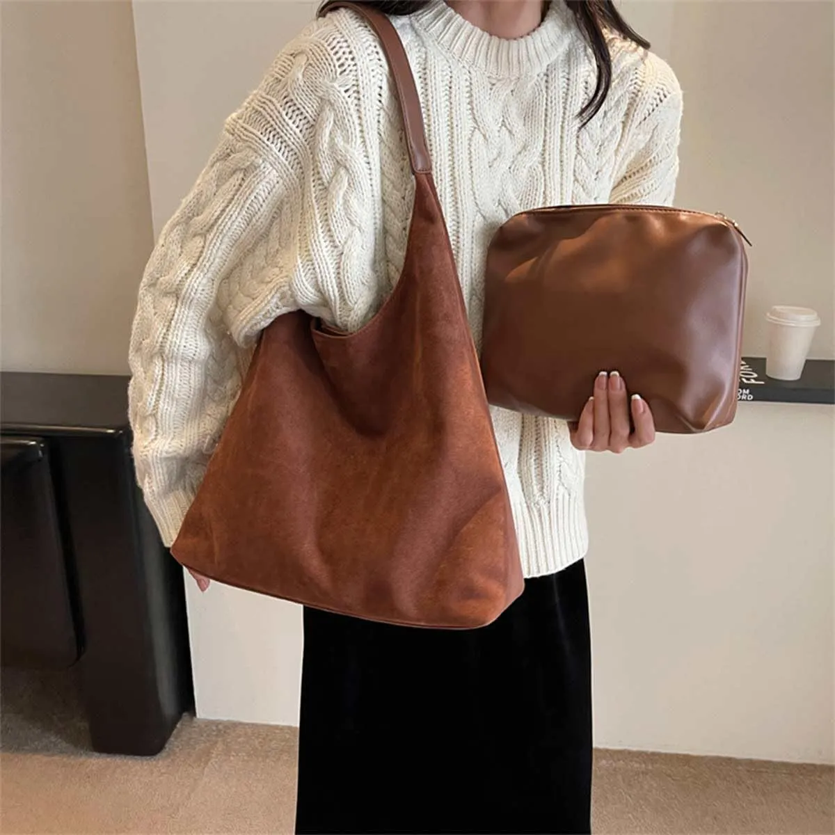 Suede Tote Bag,Suede Shoulder Bag,Leather Bags Brown for Women,Suede Purse,Stylish Large Capacity Work handbag