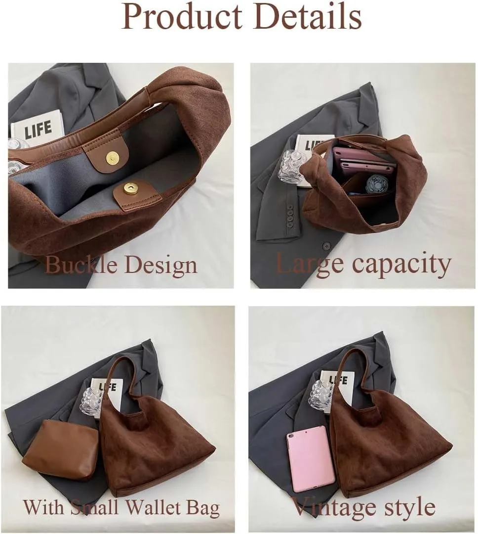 Suede Tote Bag,Suede Shoulder Bag,Leather Bags Brown for Women,Suede Purse,Stylish Large Capacity Work handbag