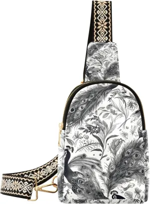 Trendy Black White Peacock travel fanny pack sturdy leather fanny pack crossbody for hiking