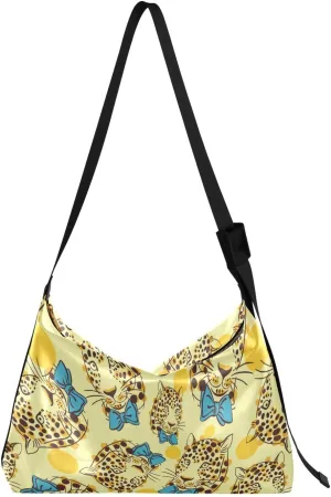 Trendy Leopard Bow Tie Hobo Crossbody Bags for Women Leather Large Shoulder Bag Cross Body Funny Animals Head Trendy Womens Tote Bags Handbag for Travel Shopping