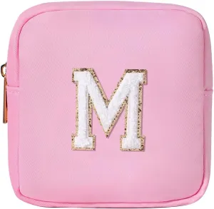 uekeboag Personalized Initial Cute Pink Makeup Bag Monogrammed Birthday Gift for Women and Girls, Chenille Letter Preppy Cosmetic Bag with Zipper Waterproof Nylon Travel Organizer Pouch (M-Light Pink)