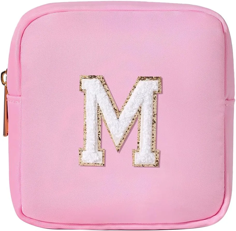 uekeboag Personalized Initial Cute Pink Makeup Bag Monogrammed Birthday Gift for Women and Girls, Chenille Letter Preppy Cosmetic Bag with Zipper Waterproof Nylon Travel Organizer Pouch (M-Light Pink)