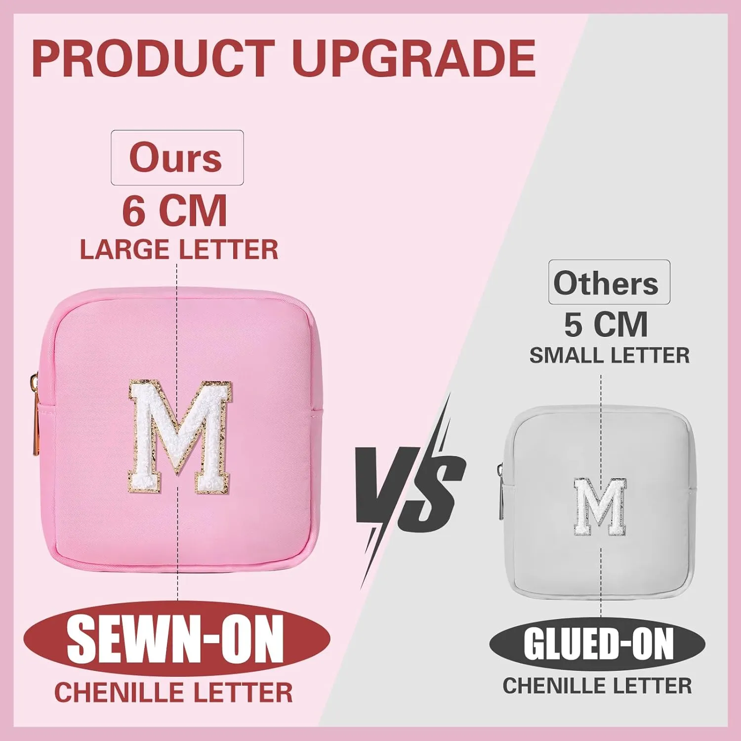 uekeboag Personalized Initial Cute Pink Makeup Bag Monogrammed Birthday Gift for Women and Girls, Chenille Letter Preppy Cosmetic Bag with Zipper Waterproof Nylon Travel Organizer Pouch (M-Light Pink)