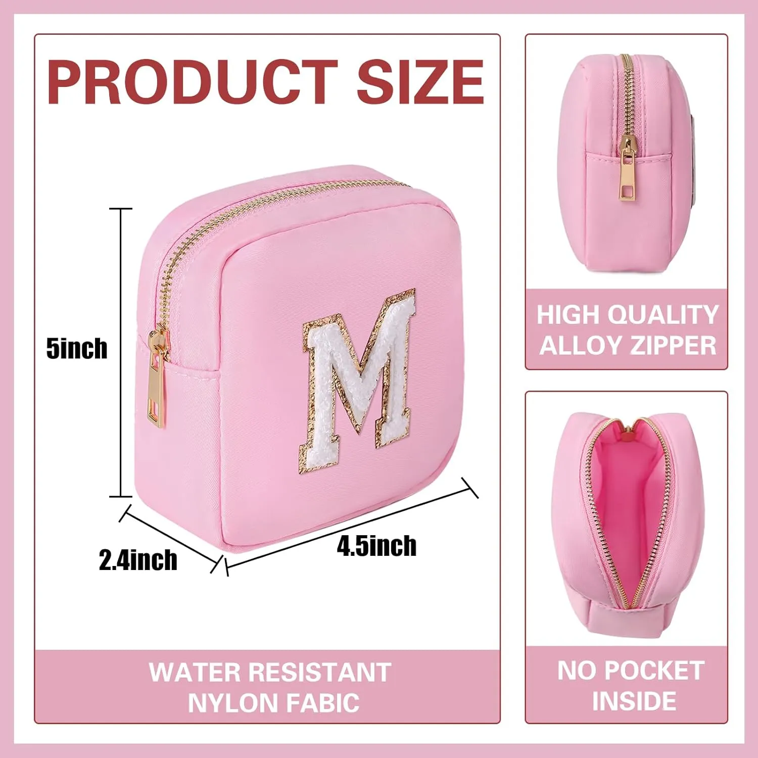 uekeboag Personalized Initial Cute Pink Makeup Bag Monogrammed Birthday Gift for Women and Girls, Chenille Letter Preppy Cosmetic Bag with Zipper Waterproof Nylon Travel Organizer Pouch (M-Light Pink)