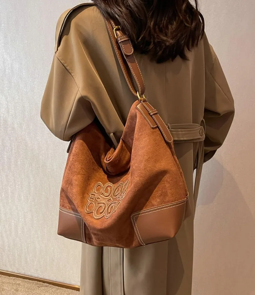 Vintage Suede Tote Bag Large Capacity Casual Hobo Bag Satchel Purse Chic Shoulder Handbag Crossbody Underarm Bag for Women