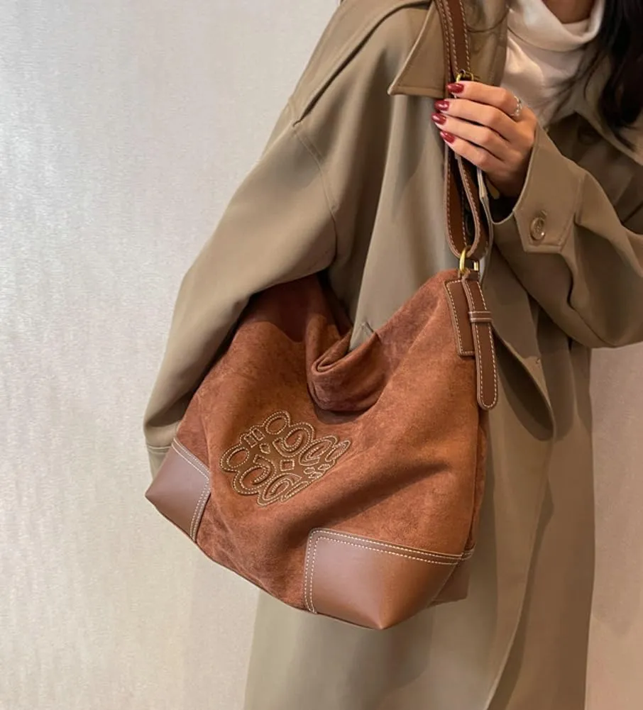 Vintage Suede Tote Bag Large Capacity Casual Hobo Bag Satchel Purse Chic Shoulder Handbag Crossbody Underarm Bag for Women