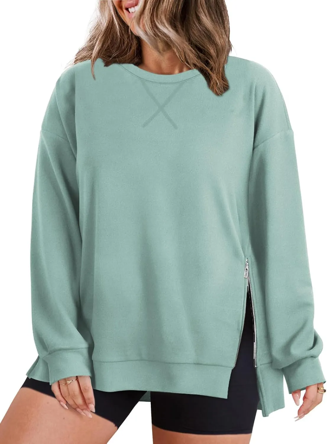 VISLILY Women's-Plus-Size-Oversized-Sweatshirts Trendy Zipper Side Slit Pullover Tops Casual Loose Long Sleeve Shirts XL-5XL