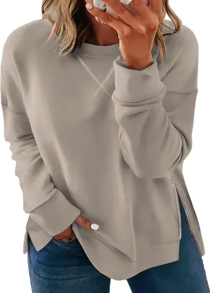 VISLILY Women's-Plus-Size-Oversized-Sweatshirts Trendy Zipper Side Slit Pullover Tops Casual Loose Long Sleeve Shirts XL-5XL